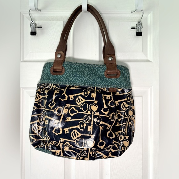 Y2K Fossil Key Print Hobo Bag Blue Shoulder Straps - Picture 1 of 10